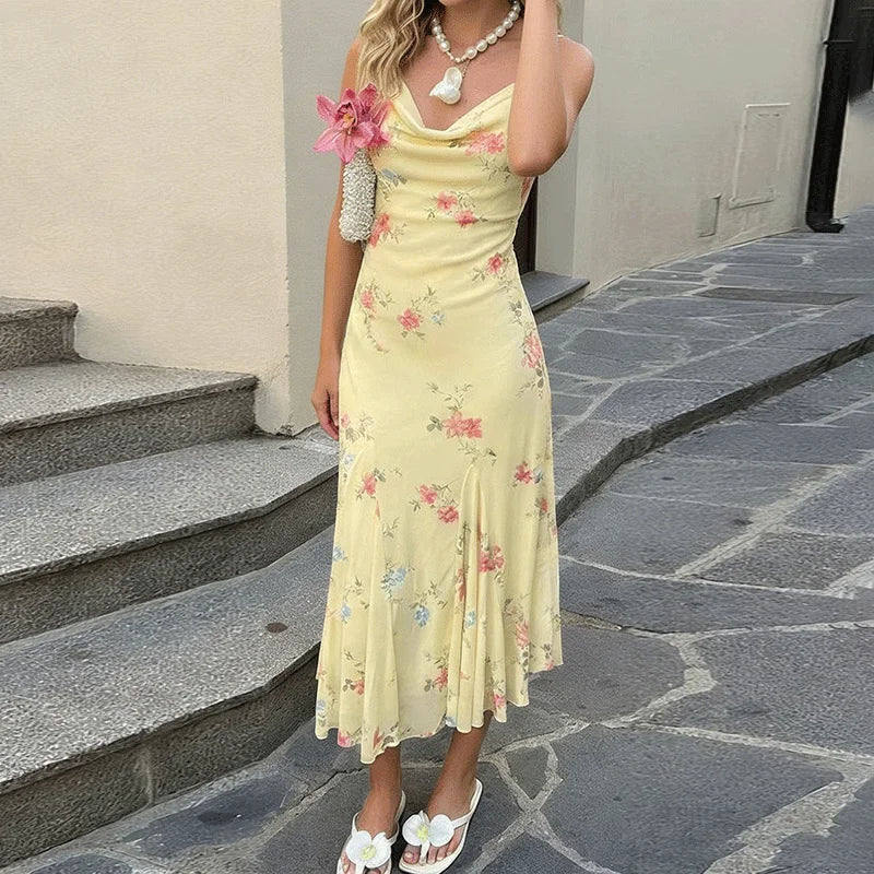 Glorol - Printed Backless Patchwork See-Through Midi Dress