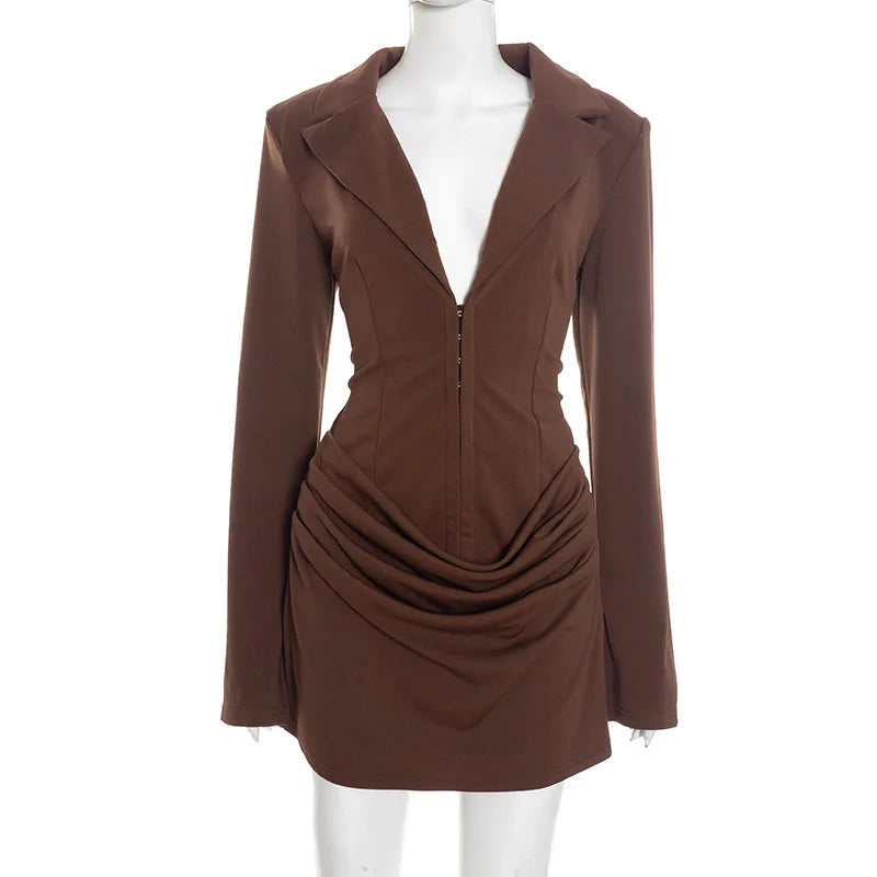 Glorol - Deep V Neck Long Sleeve High Waist Mini Dress