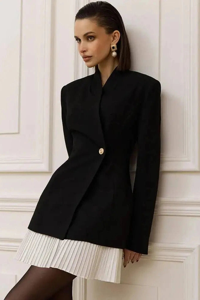 Glorol - Patchwork Long Sleeve V Neck High Waist Slim Mini Dress