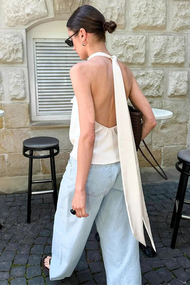 Glorol - Backless Patchwork V-Neck Lace-Up Top