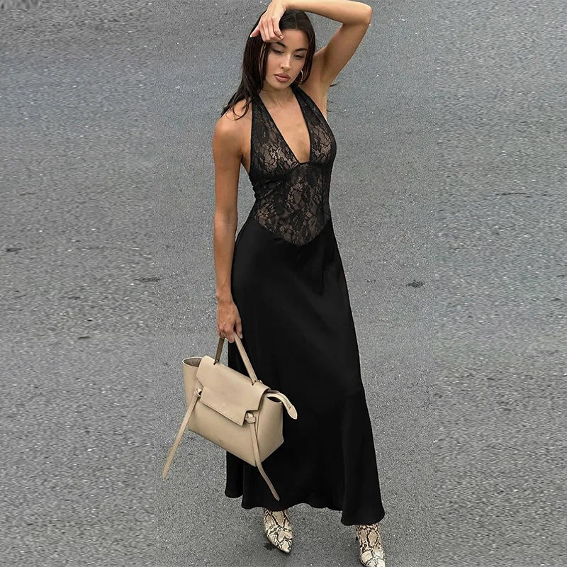 Glorol - Hollow Lace Backless Slim Maxi Dress