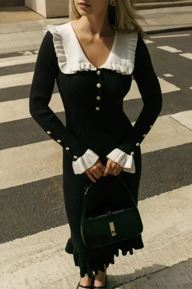 Glorol - Patchwork Knit Long Sleeve Slim Midi Dress