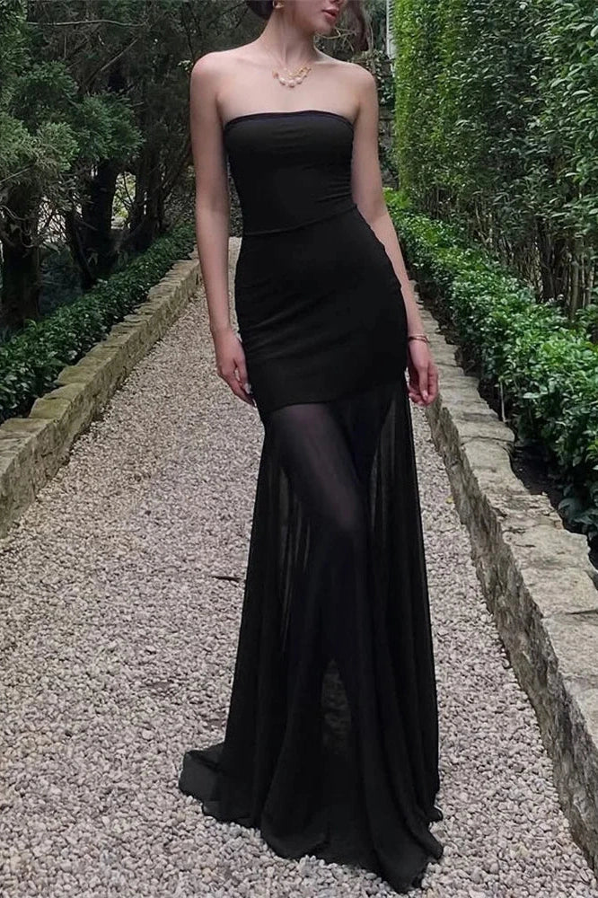 Off-Shoulder Slim See-Through Patchwork Maxi Dress