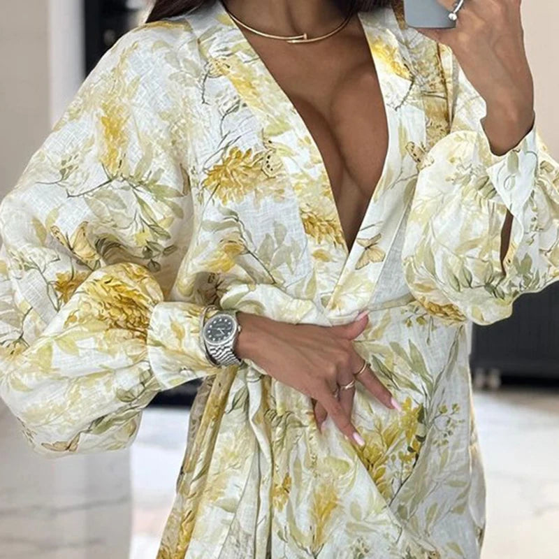 Glorol - Printed V Neck Long Sleeve Lace Up Loose Mini Dress