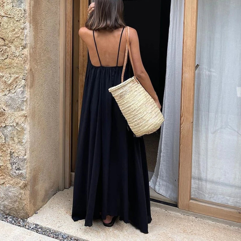 Glorol - Spaghetti Strap Backless Loose Maxi Dress
