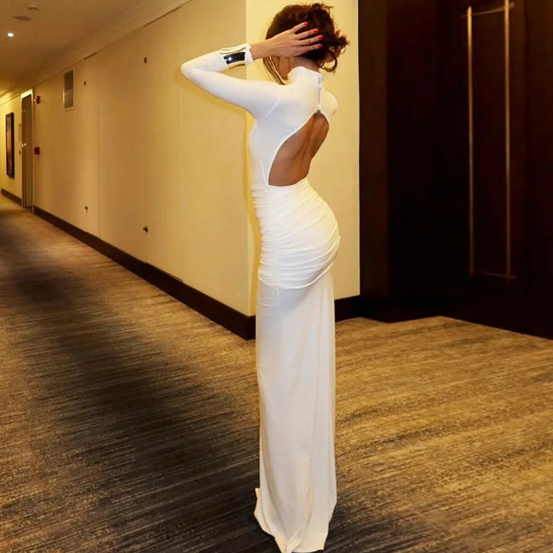 Glorol - Backless Slim Turtleneck Long Sleeve Maxi Dress