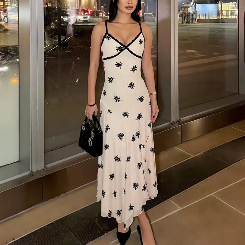 Glorol - Printed V-Neck Sleeveless Patchwork Maxi Dress
