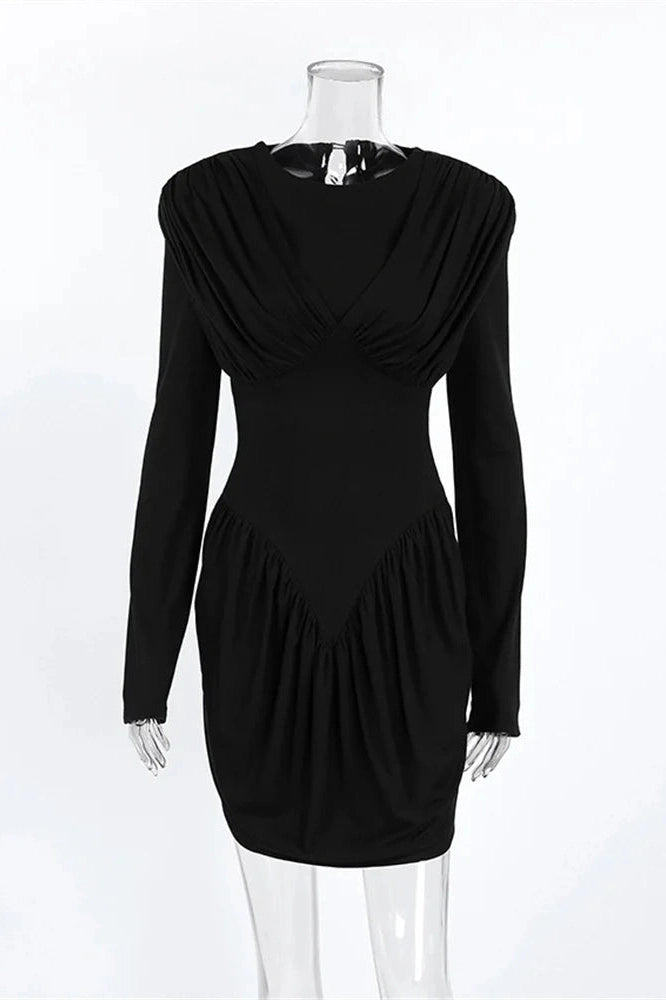 Glorol - Pleated Patchwork Long Sleeve Bodycon Mini Dress