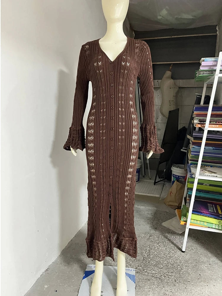 Glorol - Hollow Knitted Long Sleeve Maxi Dress