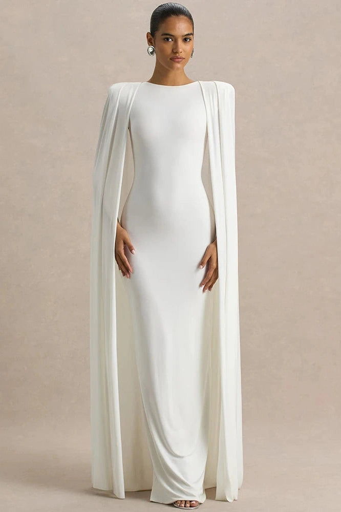Glorol - Cape Sleeve Zipper O Neck High Waist Split Maxi Dress