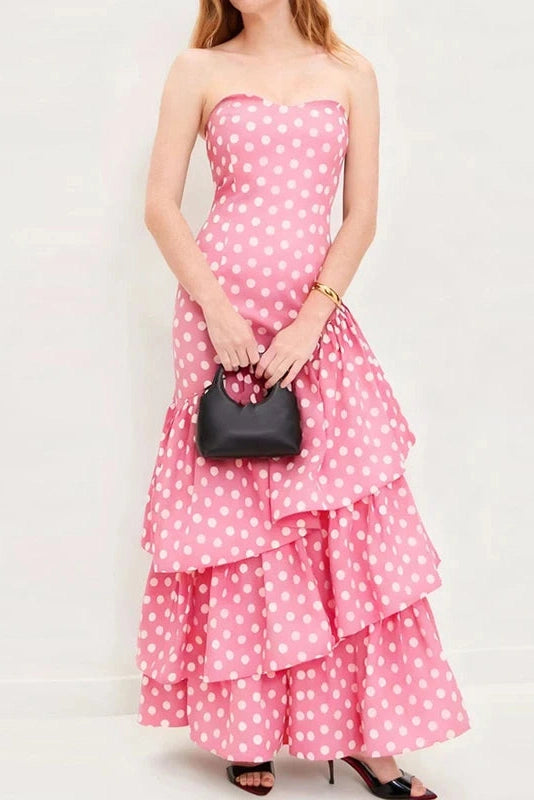 Glorol - Elegant Off Shoulder High Waist Polka Dot Print Maxi Dress