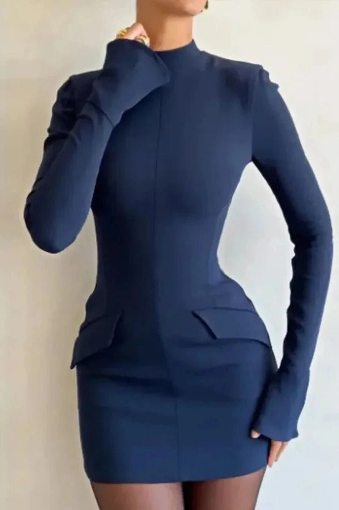 Glorol - Patchwork High Waist Long Sleeve Slim Mini Dress