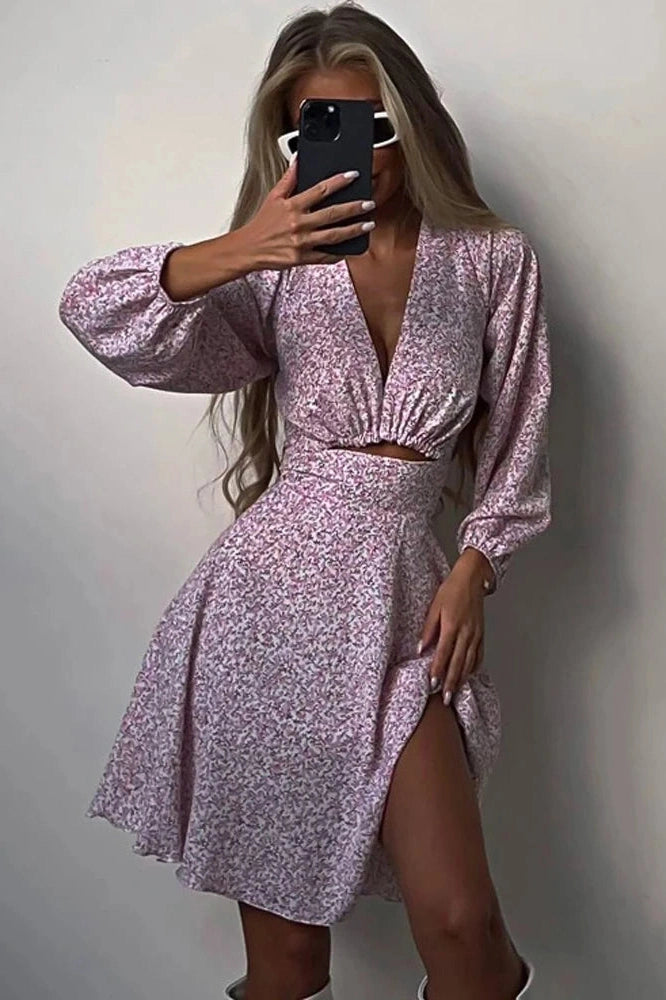 Glorol - Hollow Out V-Neck Printed Long Sleeve Patchwork Mini Dress