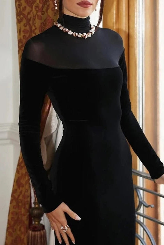Glorol - Elegant Slim High Collar Long Sleeve Bodycon Maxi Dress