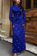 Glorol - Printed Long Sleeve Patchwork Maxi Dress