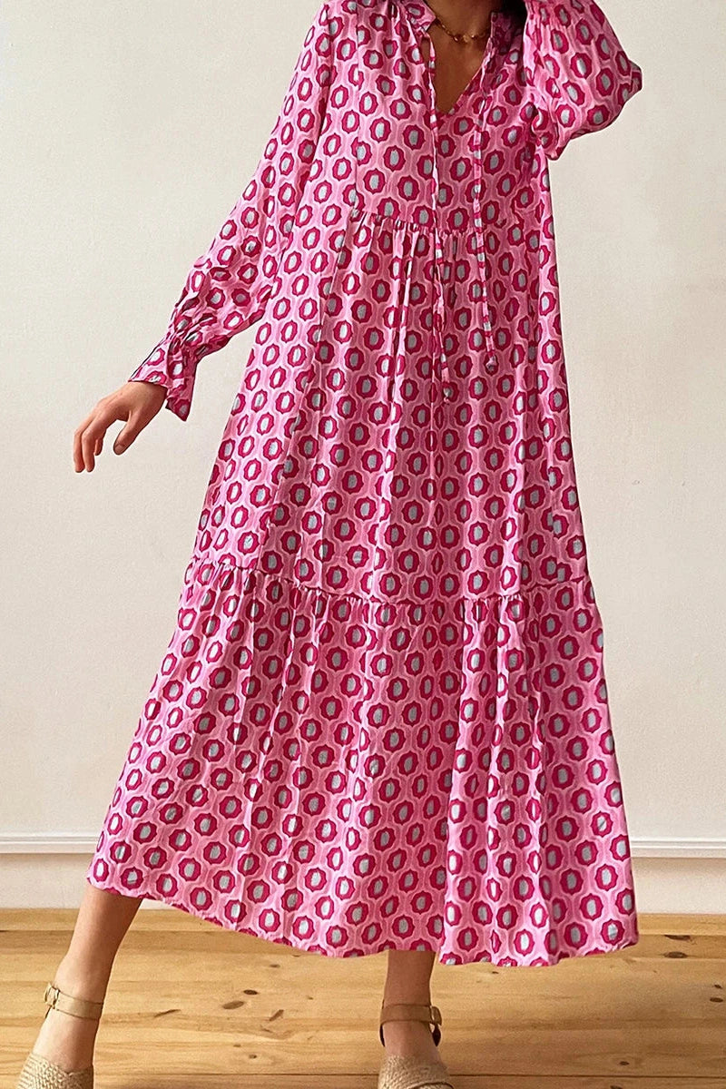Glorol - Print Tie-Up Long Sleeve V-Neck Maxi Dress