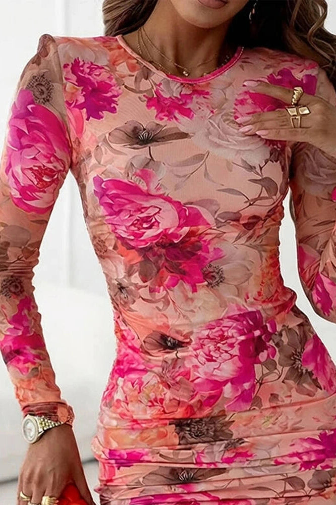 Glorol - Long Sleeve Slim High Waist Pleated O-Neck Printed Mini Dress