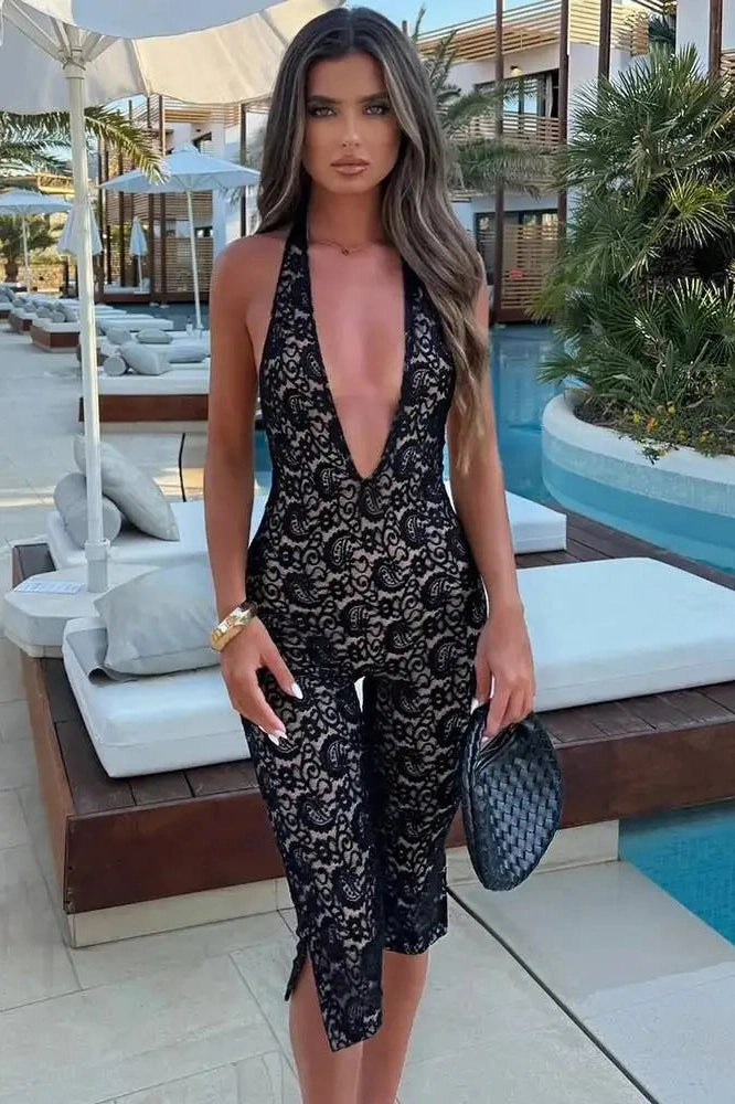 Glorol - Lace V Neck Sleeveless Backless Jumpsuit