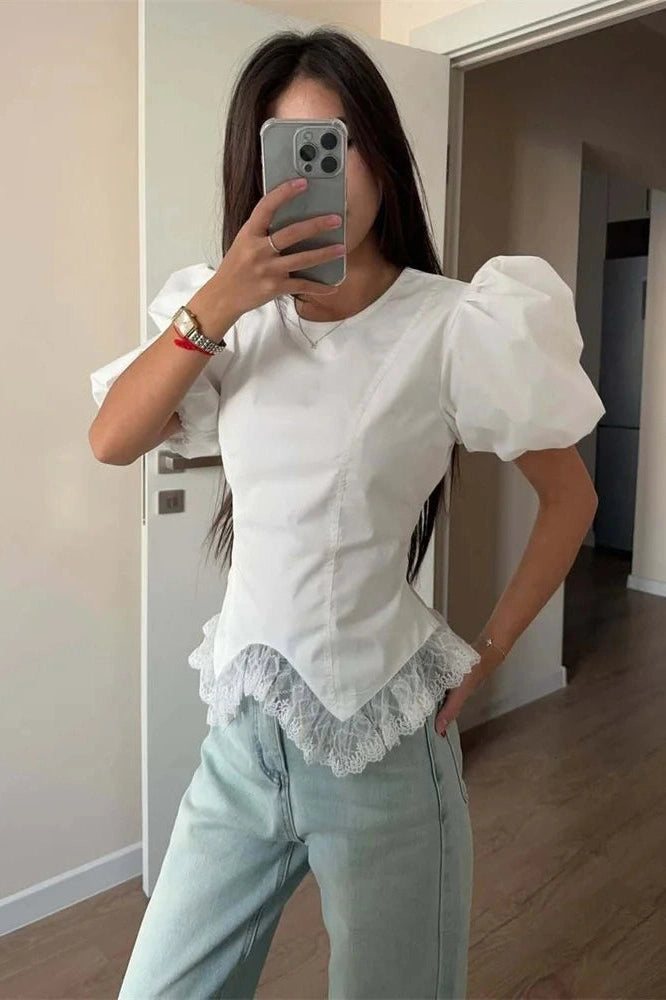 Glorol - Lace-Up Short Sleeve Patchwork Slim Top