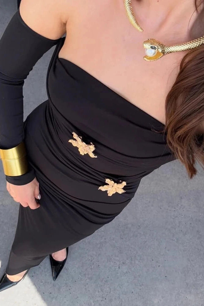 Glorol - Strapless Off-Shoulder Backless Long Sleeve Bodycon Maxi Dress