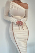 Glorol - Diagonal Collar Long Sleeve Backless Midi Dress