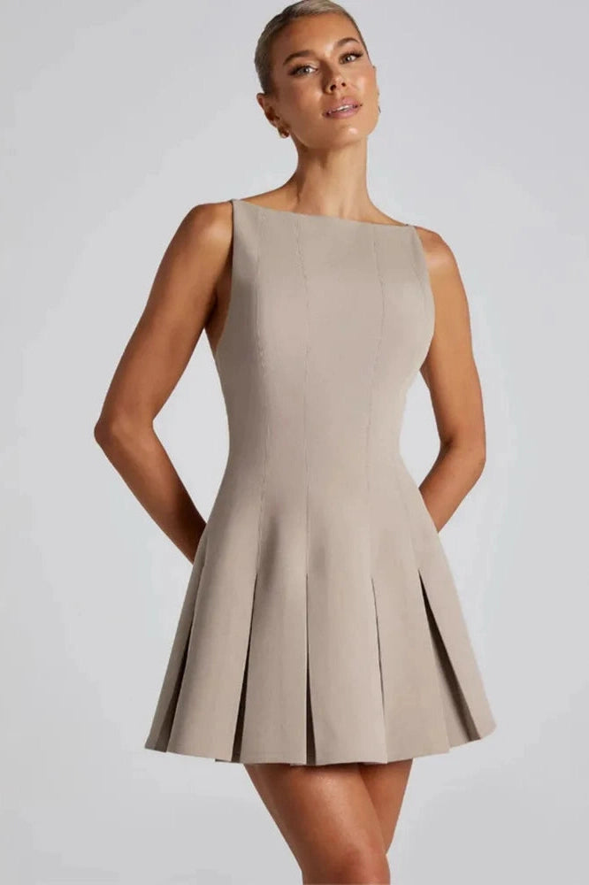 Glorol - Backless High Waist A-line Spaghetti Strap Sleeveless Pleated Mini Dress