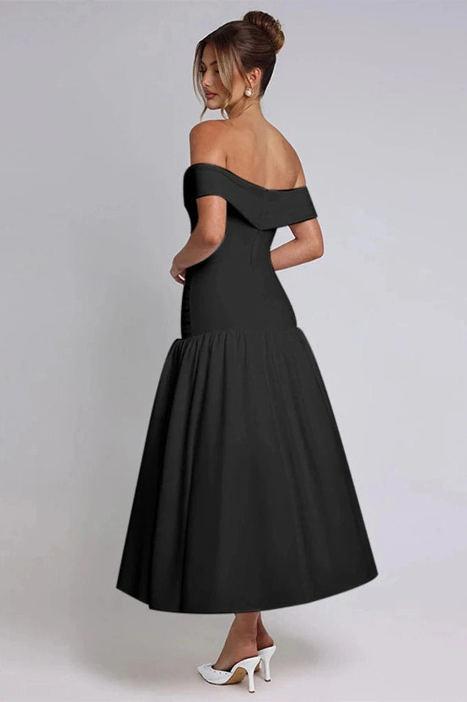 Glorol - Slim Off-Shoulder Sleeveless High Waist A-Line Maxi Dress