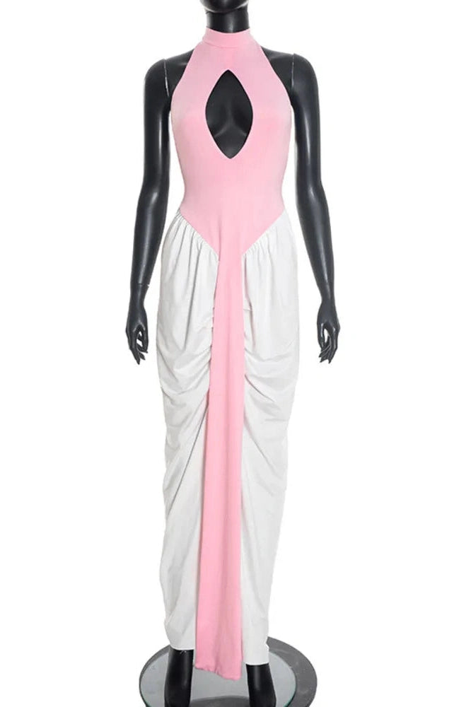Glorol - Backless Patchwork Off-Shoulder Sleeveless Split Maxi Dress