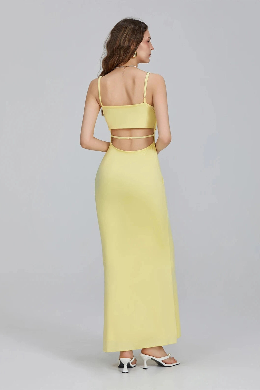 Glorol - Square Neck Spaghetti Strap Slim Fit Maxi Dress