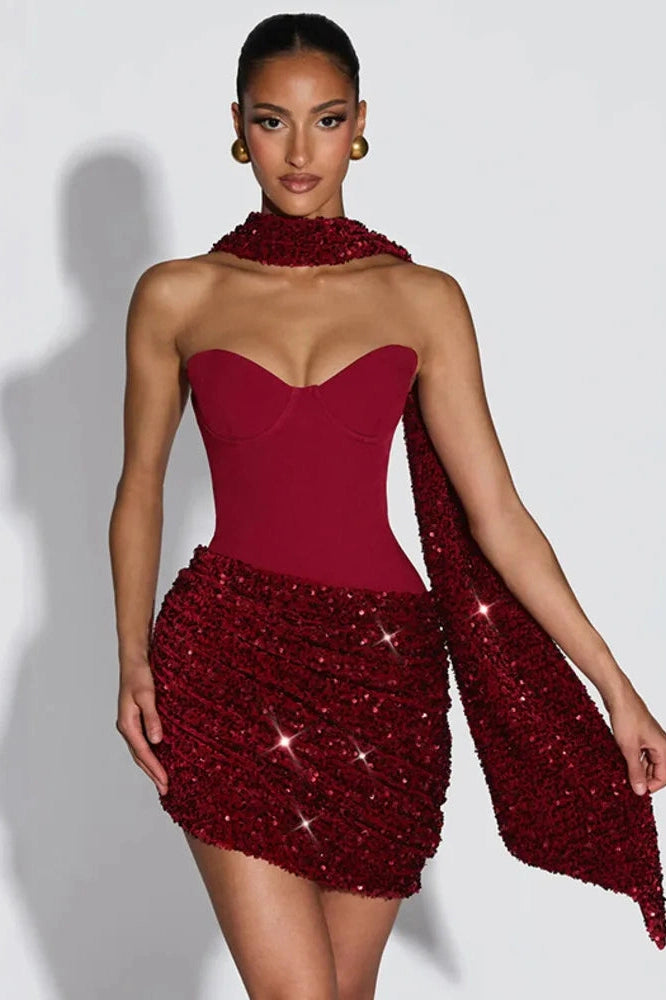 Glorol - Scarf Collar Off-Shoulder Backless Sleeveless Mini Dress