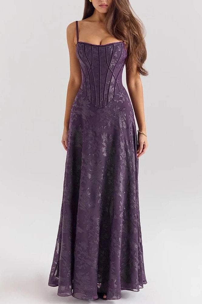 Glorol - Elegant High Waist Pleated Sleeveless Lace Embroidery Maxi Dress