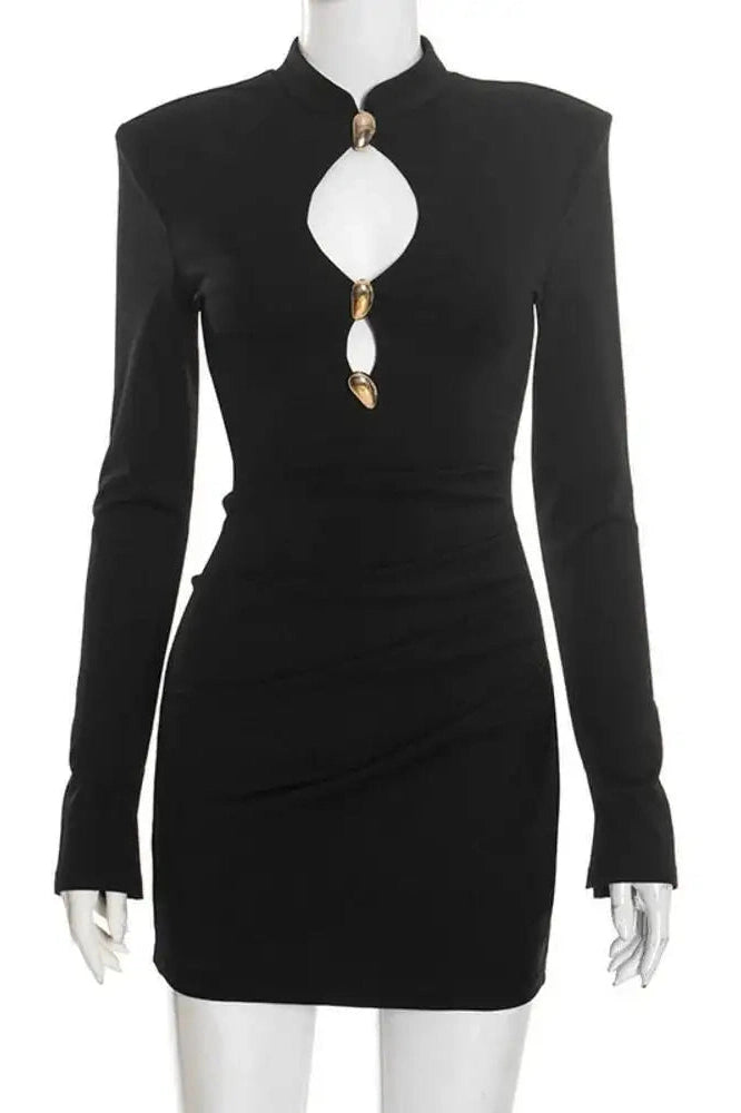 Glorol - Hollow Out Long Sleeve High Collar Mini Dress