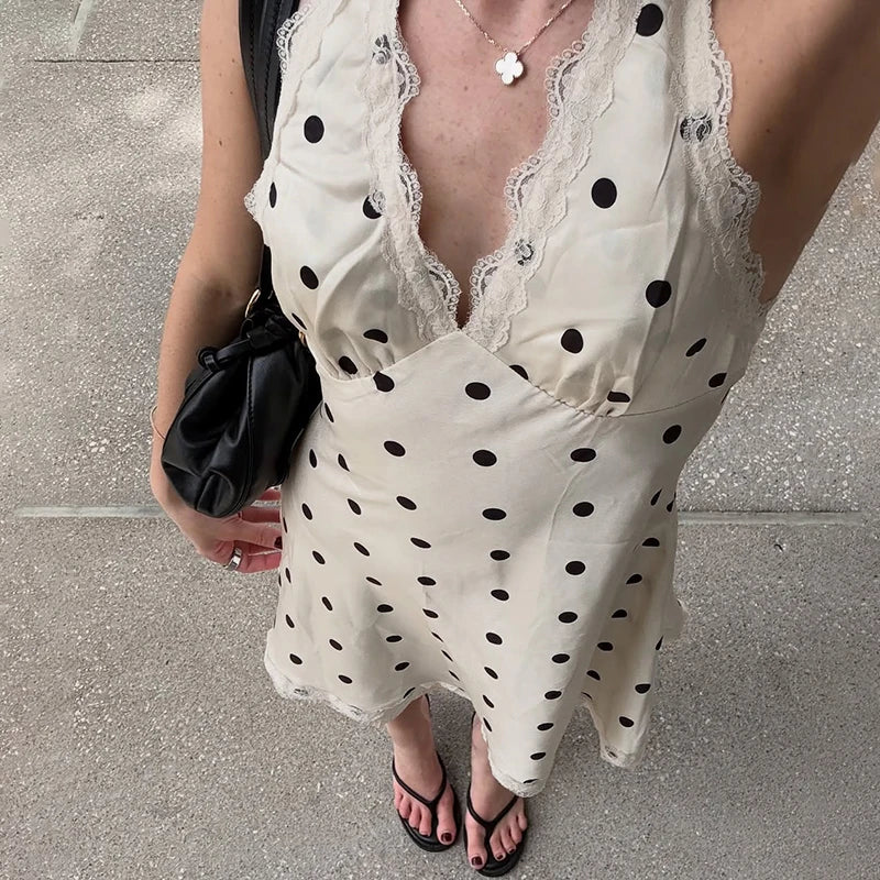 Glorol - Polka Dot Lace Sleeveless Backless Mini Dress