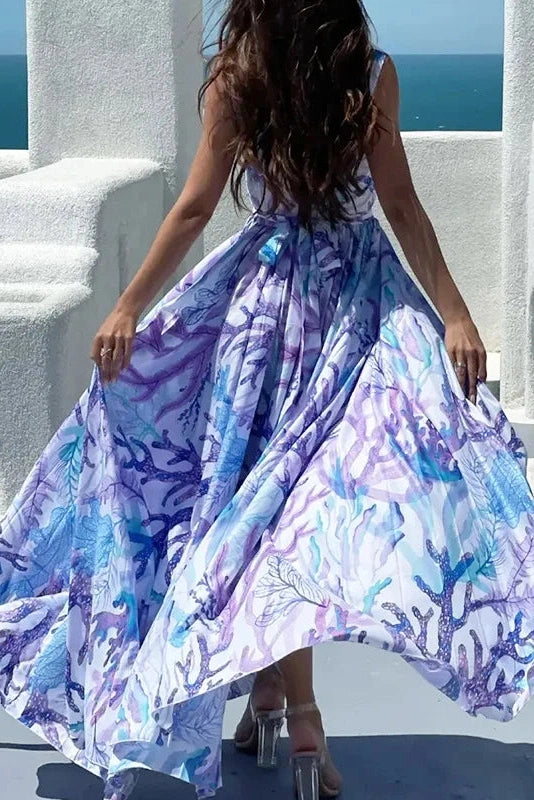 Glorol - Printed Pleated Sleeveless High Waist Maxi Dress