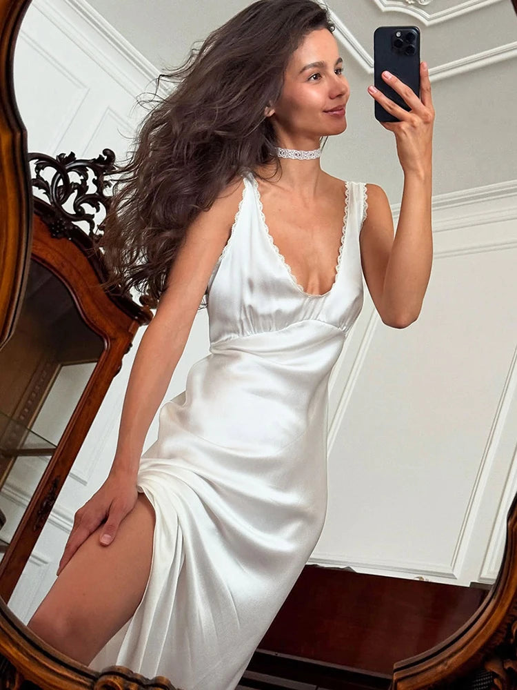 Glorol - Lace Patchwork V-Neck Sleeveless Slim Midi Dress