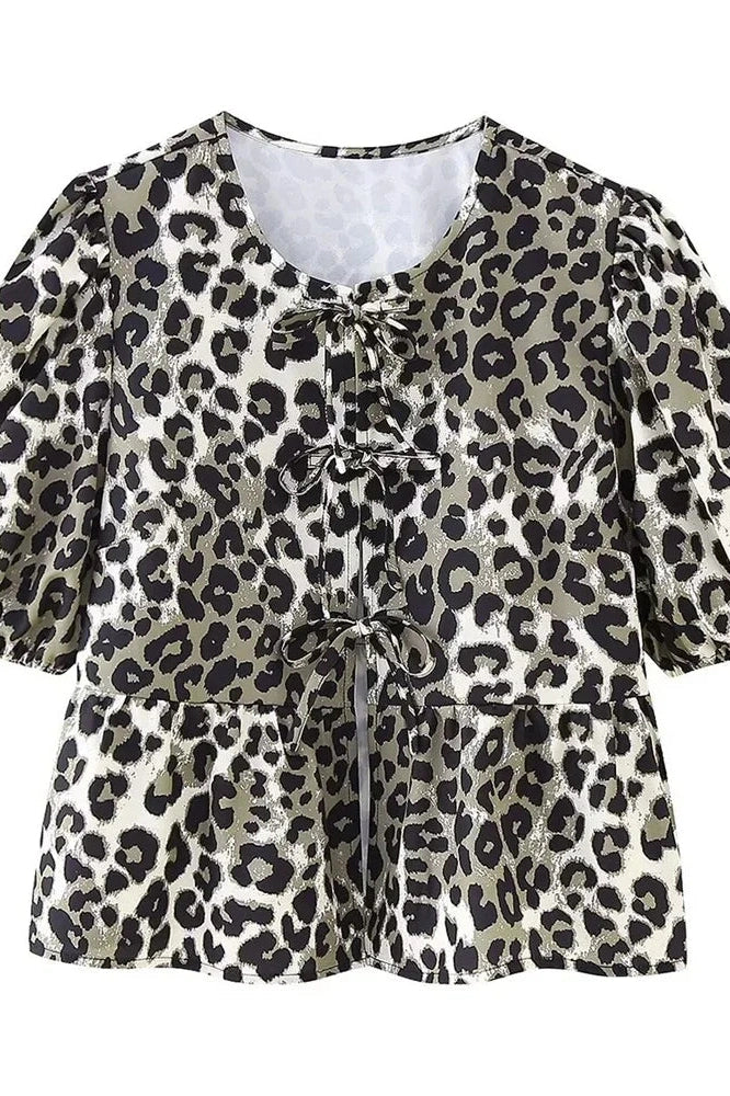 Glorol - Hollow Out Printed Short Sleeve Lace-Up Slim Top