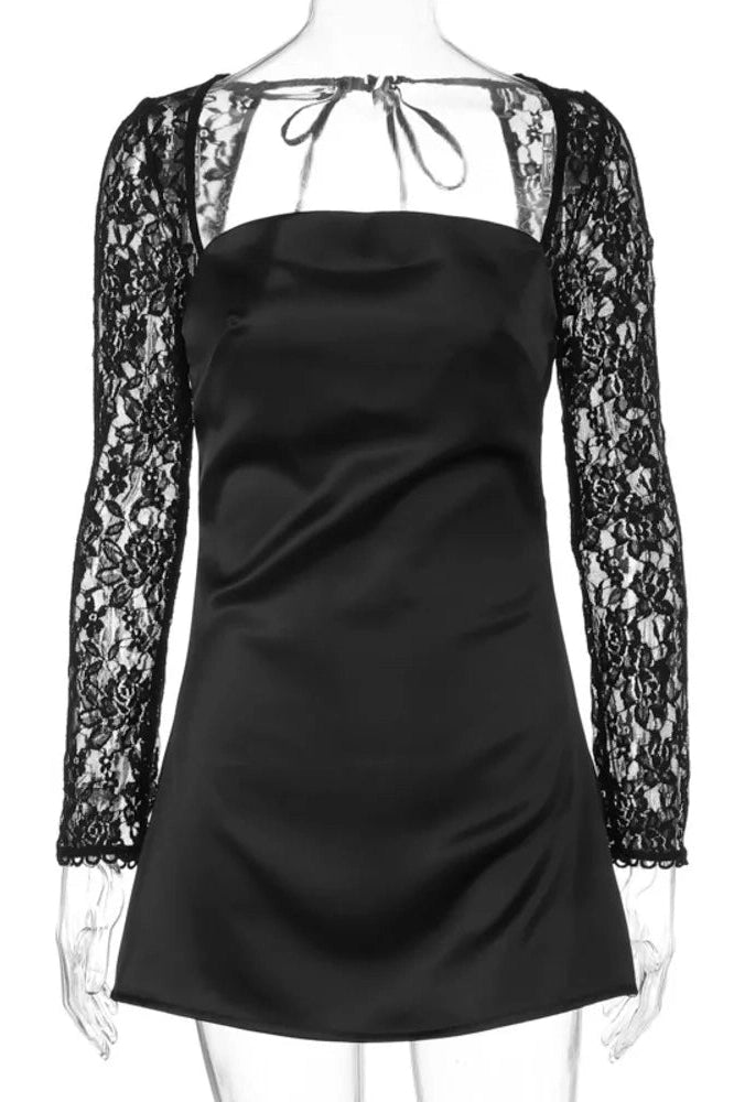 Glorol - Lace Long Sleeve Square Collar Backless A-line Mini Dress