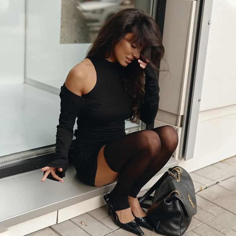 Glorol - Off Shoulder Turtleneck Long Sleeve Mini Dress