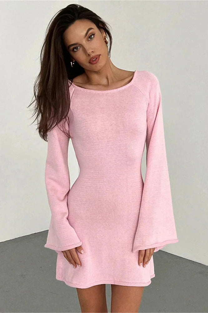 Glorol - Backless Lace-Up Long Sleeve High Waist Mini Dress