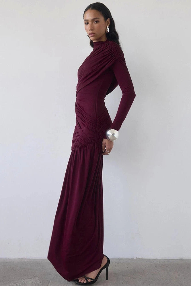 Glorol - Elegant Turtleneck Long Sleeve High Waist Pleated Irregular Mini Dress