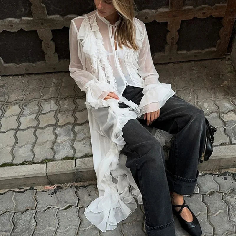 Glorol - See Through Lace Up Patchwork Maxi Dress