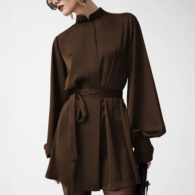 Glorol - Elegant Lace Up Half High Neck High Waist Mini Dress