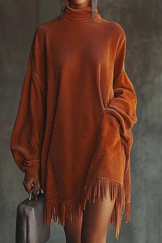 Glorol - Elegant High Waist Long Sleeve High Collar Loose Mini Dress