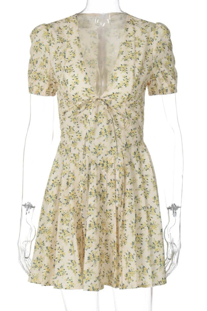 Glorol - Deep V Neck Print Lace-up Short Sleeve A-line Mini Dress