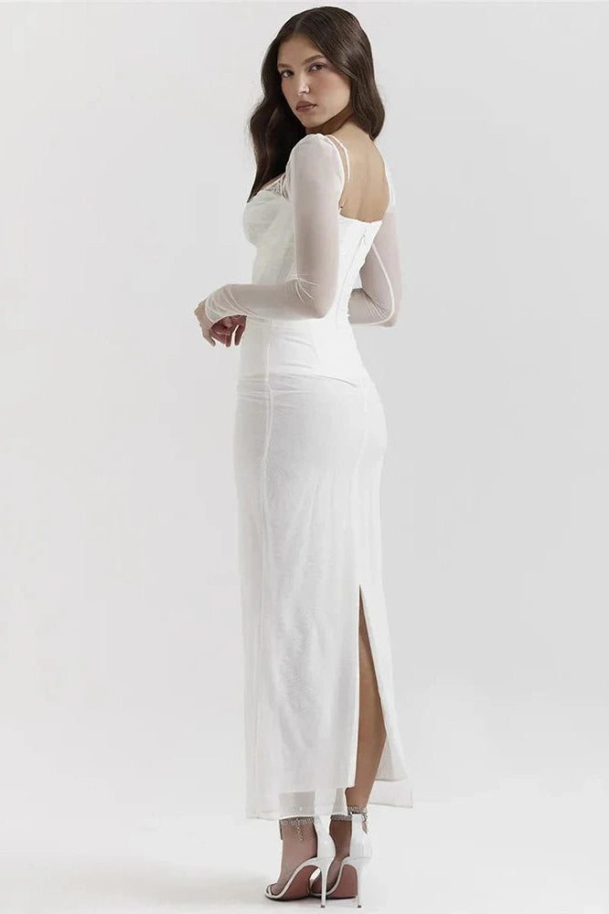 Glorol - Elegant Sheer Long Sleeve Strapless Backless Maxi Dress