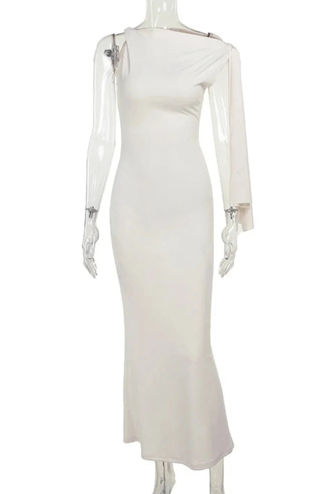 Glorol - Diagonal Collar Off-shoulder Sleeveless Maxi Dress