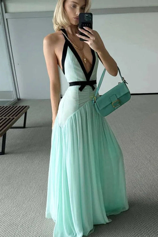 Glorol - Elegant Mesh Pleated Backless V-Neck Maxi Dress