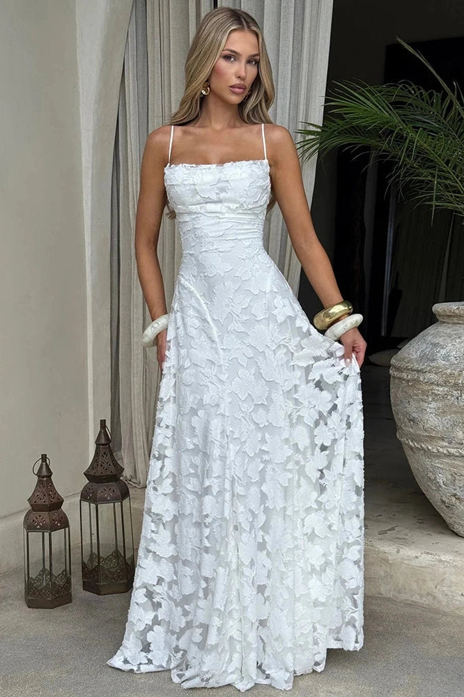 Glorol - Spaghetti Strap Backless Off-Shoulder Sleeveless Lace-Up Maxi Dress