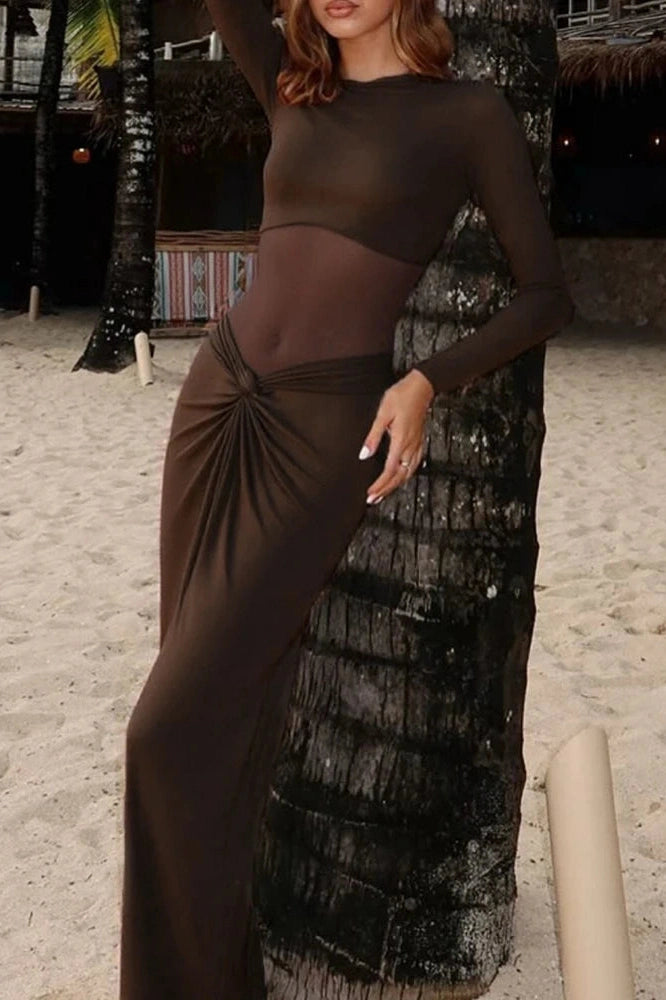 Glorol - Hollow Out Slim Long Sleeve Pleated High Collar Maxi Dress