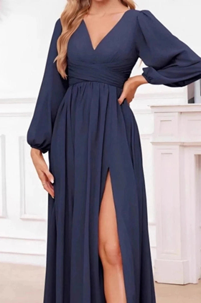 Glorol - Elegant Long Sleeve Loose V-Neck Split Maxi Dress